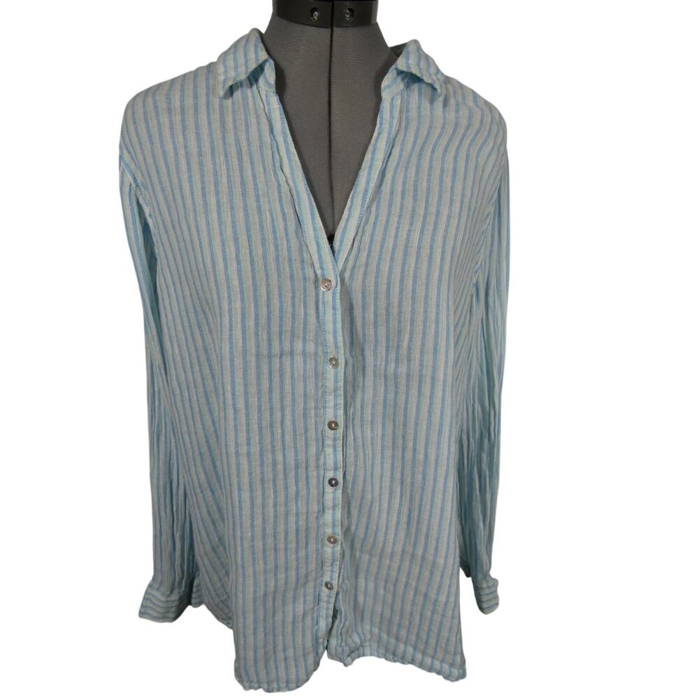 C & C California Linen XL Button Up Striped Blouse V-Neck Long Sleeves Coastal